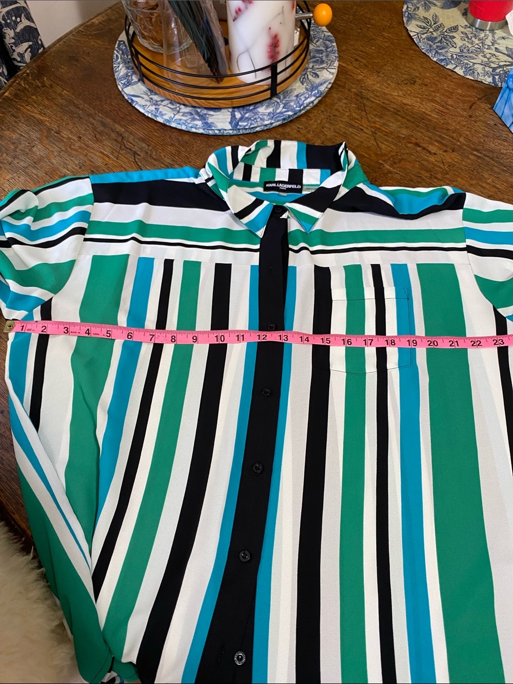 Karl Lagerfeld Teal Black White Striped Button-Down Shirt.